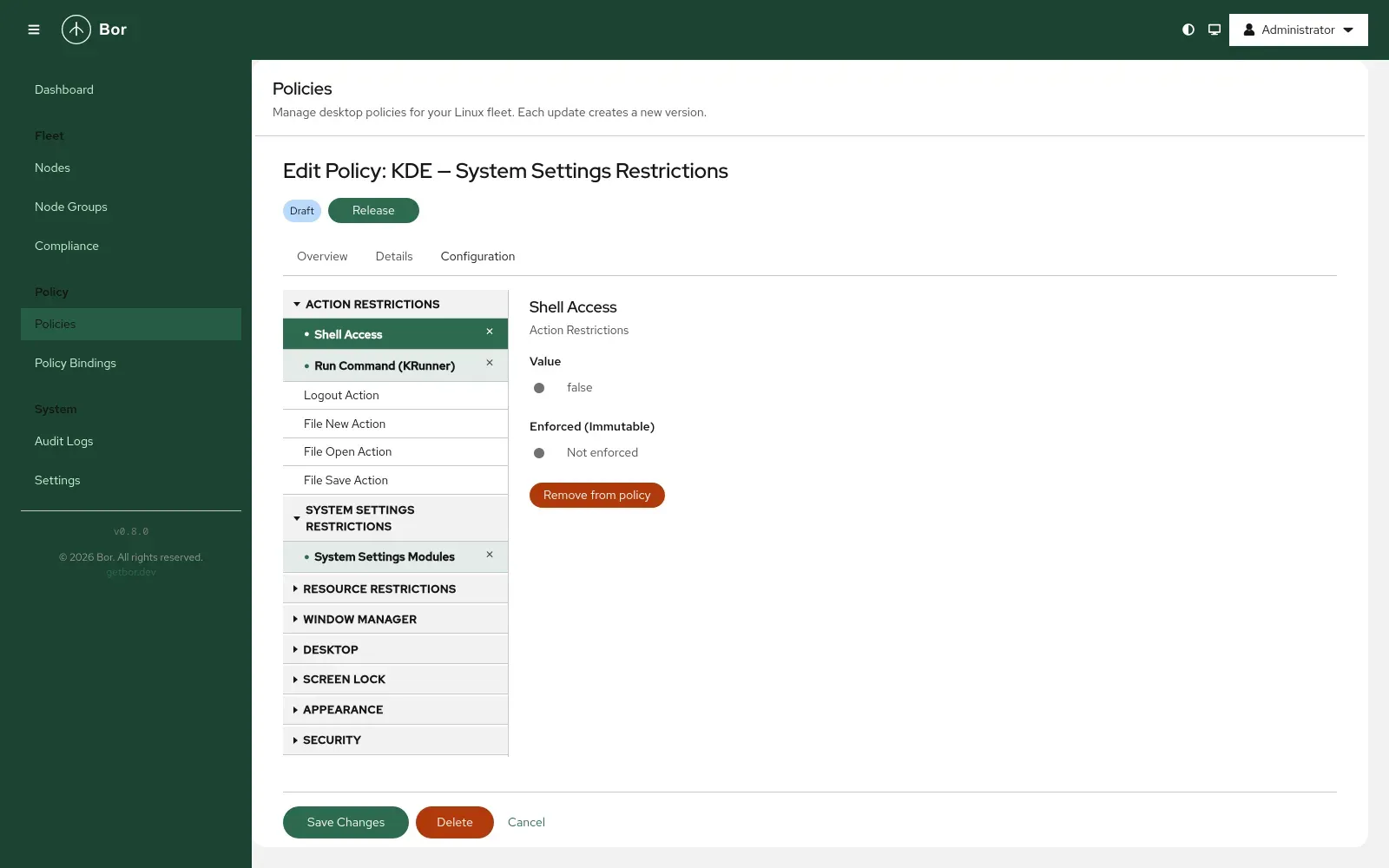 Édition d'une policy KDE avec les restrictions et l'option Enforced