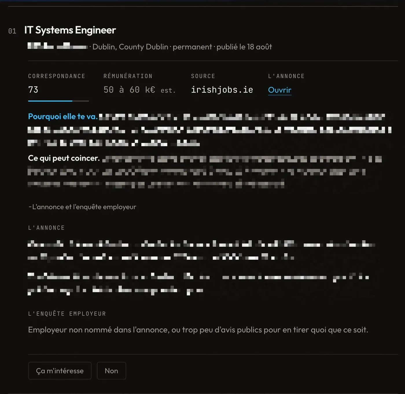 Une offre proposée par Filon : correspondance 73, fourchette de rémunération, source, puis pourquoi elle me va, ce qui peut coincer, et les boutons pour trancher