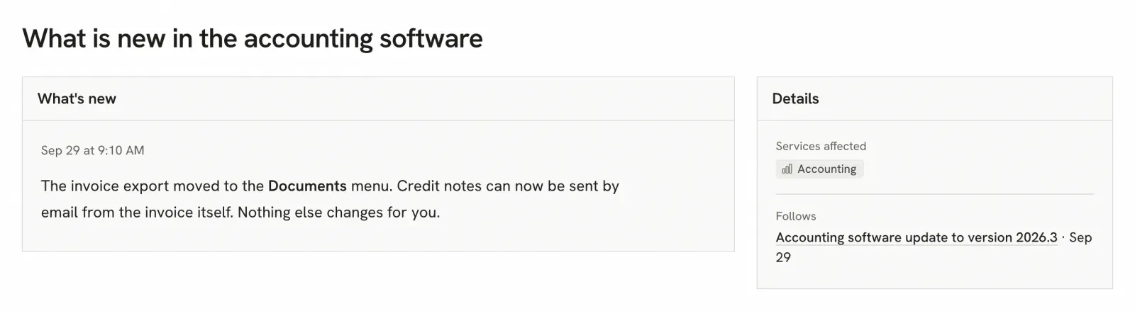 A Statup announcement, "What is new in the accounting software": the invoice export moved to the Documents menu, with the service affected and the maintenance it follows