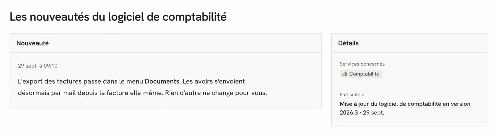 Une annonce Statup, « Les nouveautés du logiciel de comptabilité » : l'export des factures passe dans le menu Documents, avec le service concerné et la maintenance à laquelle elle fait suite
